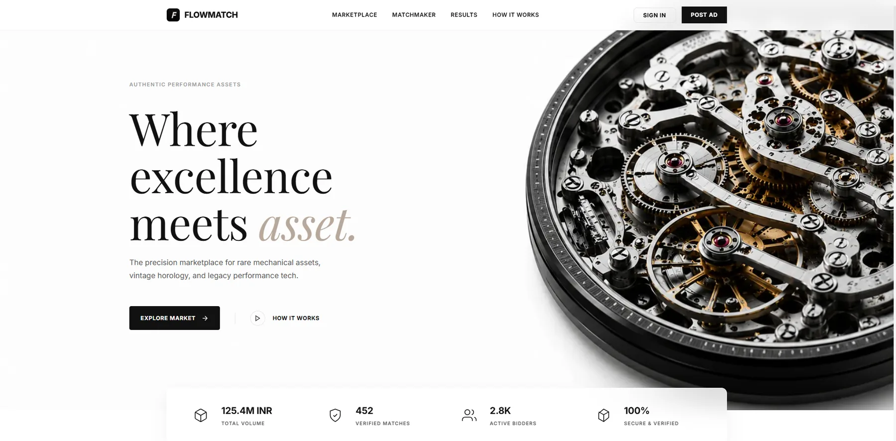 FlowMatch marketplace interface featuring a mechanical watch movement and marketplace metrics.